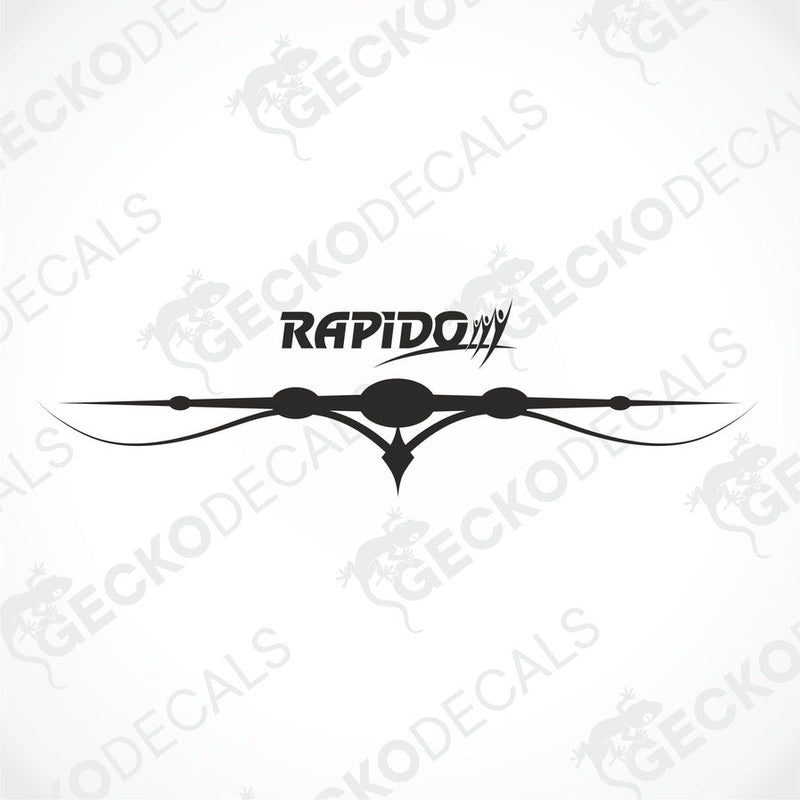 Rear decal of a white caravan with the brand name 'RAPIDO' and a red graphic design.