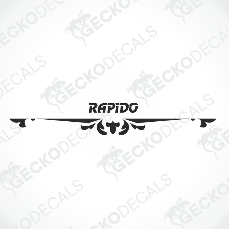A white caravan with a red and black 'RAPIDO' decal on the rear side.
