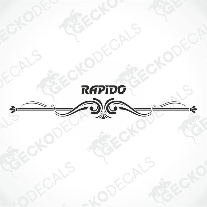 Rear decal of a white caravan with the brand name 'RAPIDO' in a decorative red and white design.