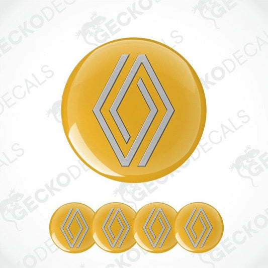 Set of yellow and silver geometric decal stickers with a brand logo.