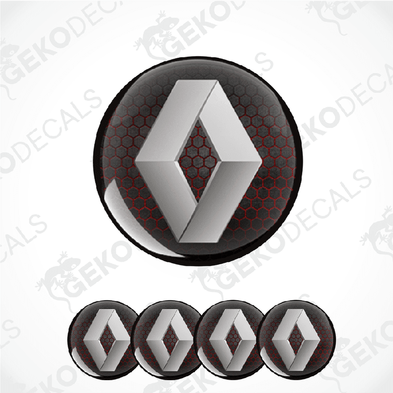 A set of four black, red, and gray RENAULT branded vinyl stickers with a geometric pattern.
