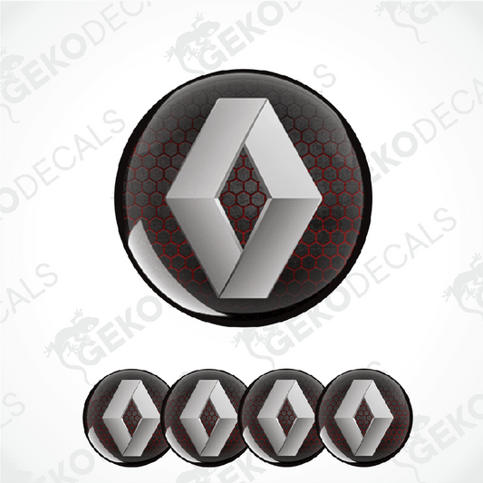 A set of four black, red, and gray RENAULT branded vinyl stickers with a geometric pattern.