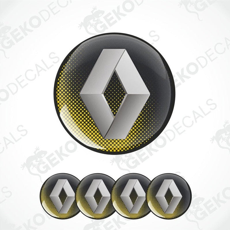 A set of four black, silver, and yellow vinyl stickers with a geometric pattern and the RENAULT brand logo.