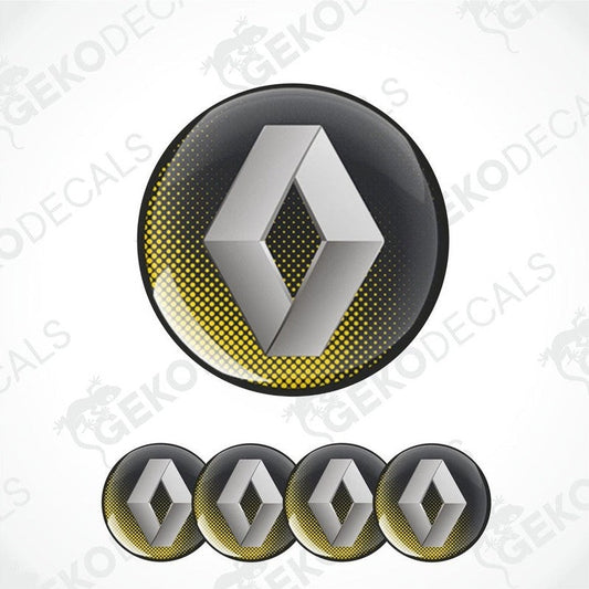 A set of four black, silver, and yellow vinyl stickers with a geometric pattern and the RENAULT brand logo.