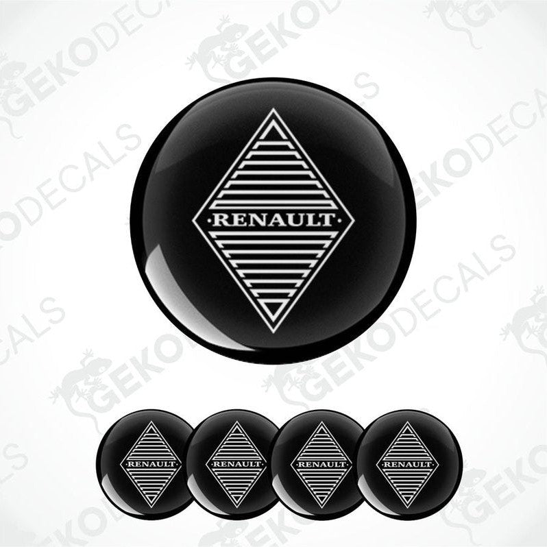 A set of four black vinyl stickers with the RENAULT brand logo on them.