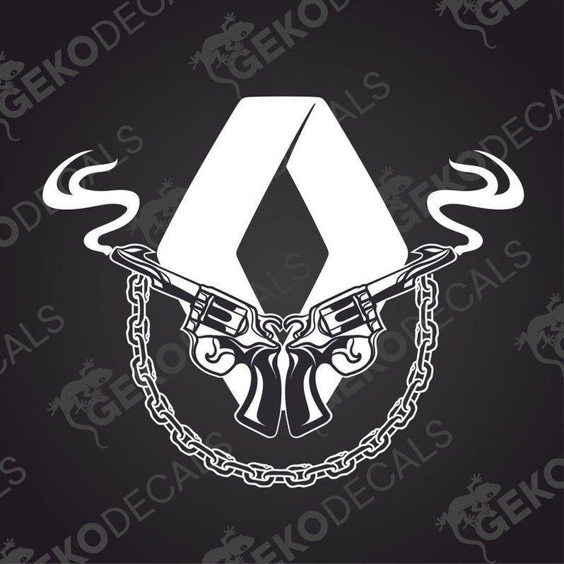 A die cut sticker depicting a stylized gun and chain design, typically used as a car decal.