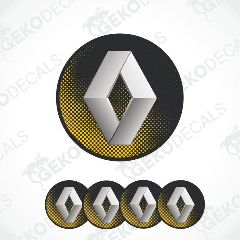 A set of four black, silver, and yellow vinyl stickers with a geometric pattern and the RENAULT brand logo.
