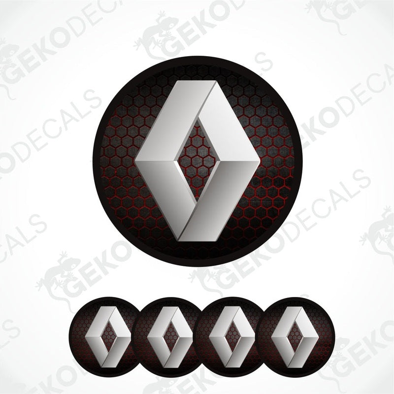 A set of four black, red, and gray RENAULT branded vinyl stickers with a geometric pattern.