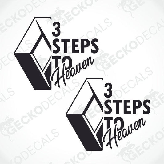 Two black and white die cut stickers with the text '3 STEPS TO HEAVEN' and a graphic of a RENAULT truck face.