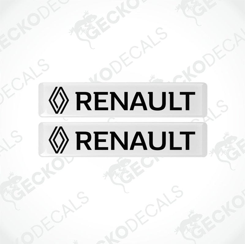 Two withe and black rectangular car decals with the RENAULT logo
