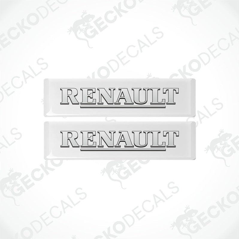 Two withe vinyl stickers with the word 'RENAULT' written in black.