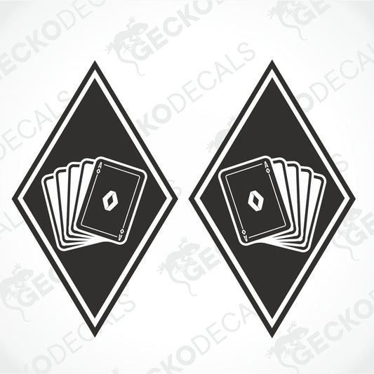 Two black and white die cut decals featuring a diamond shape with a card design inside, intended for use on vehicles.
