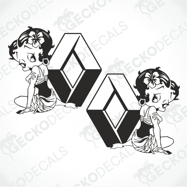 A die cut decal set featuring an illustration of Betty Boop in a black and white design, intended for use on vehicles or other surfaces.