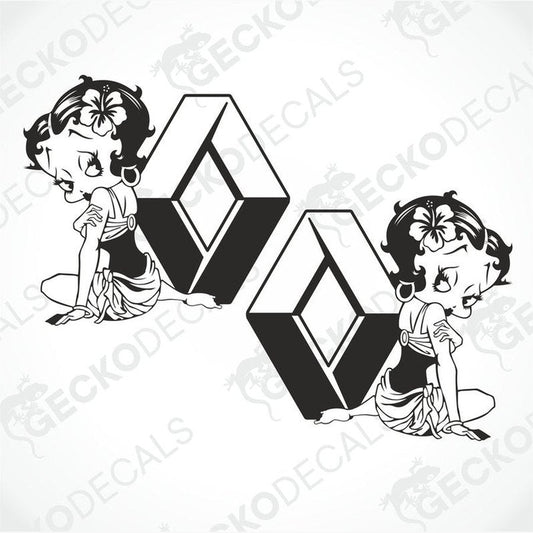A die cut decal set featuring an illustration of Betty Boop in a black and white design, intended for use on vehicles or other surfaces.