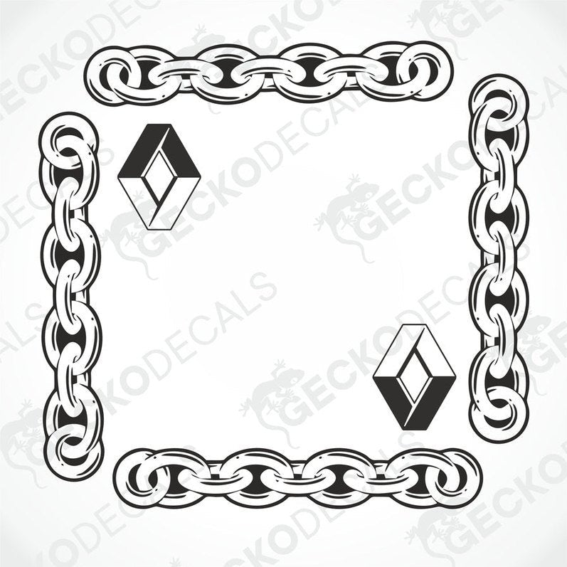 A black and white design of a chain link pattern with integrated Renault car logo, intended for use as a decal on vehicles.