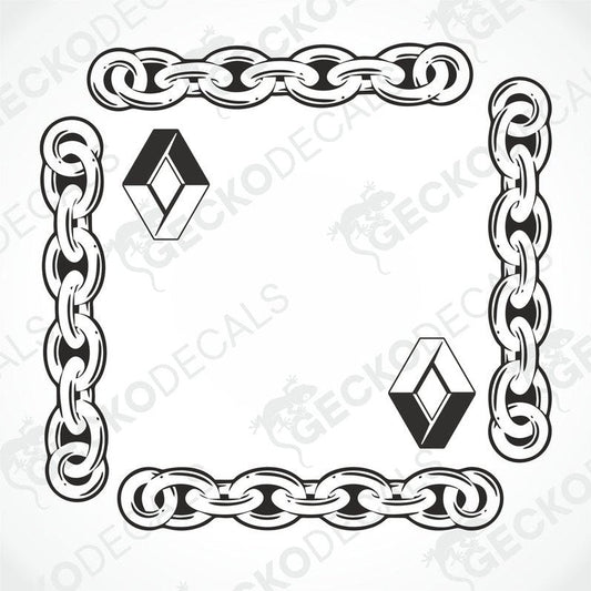 A black and white design of a chain link pattern with integrated Renault car logo, intended for use as a decal on vehicles.
