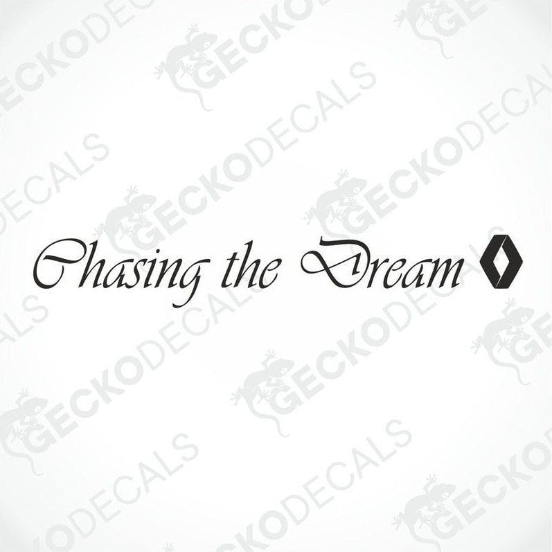 A decal with the text 'Chasing the Dream' positioned on the front windscreen of a gray Renault truck.