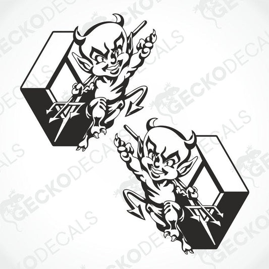 Two black and white die cut stickers depicting cartoonish devil characters, intended for use as vehicle decals.