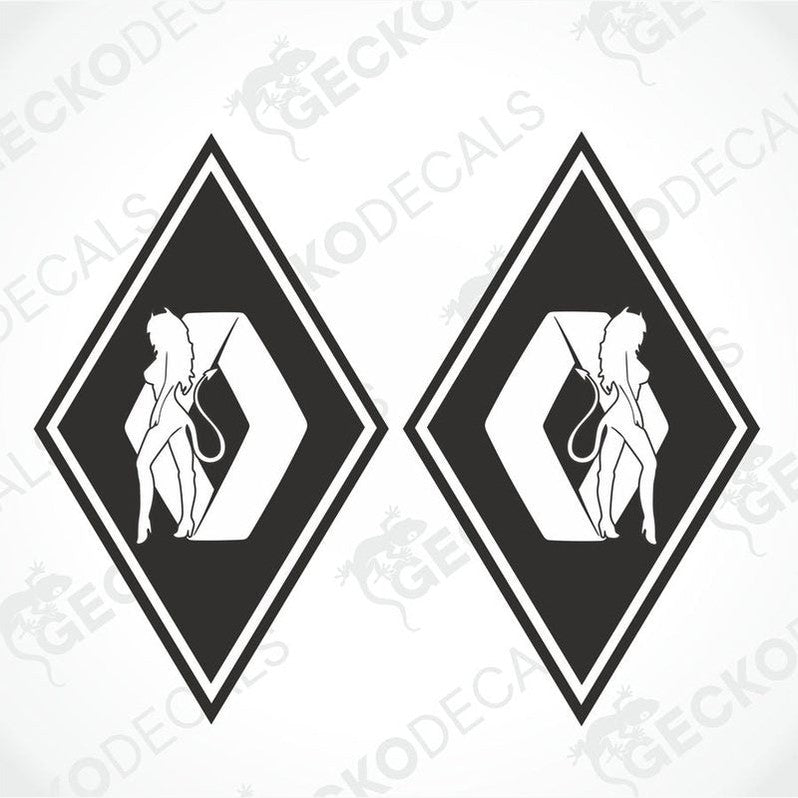 Two white diamond-shaped vehicle decals featuring a stylized female figure on each, with the text 'RENAULT GIRL' above the figure.