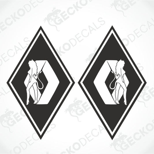 Two white diamond-shaped vehicle decals featuring a stylized female figure on each, with the text 'RENAULT GIRL' above the figure.
