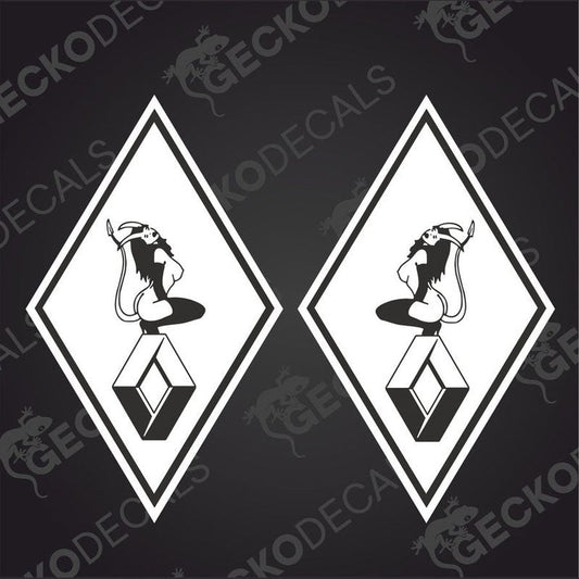 Two white diamond-shaped vehicle decals featuring a stylized female figure on each, with the text 'RENAULT GIRL' above the figure.