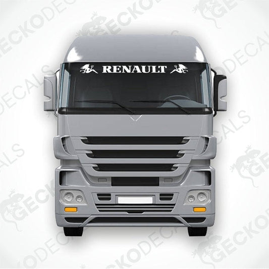 A Renault truck with a die cut decal on the windscreen depicting a devil and the text 'RENAULT'.