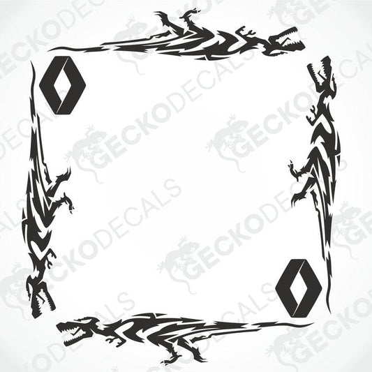 A set of black tribal patterned decals for Renault vehicles, designed for side window placement.