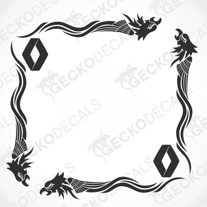 A set of two black tribal patterned side window decals featuring an eagle motif, intended for use on RENAULT vehicles.