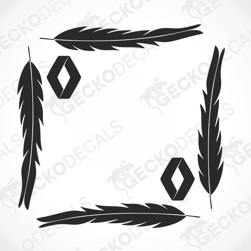 A set of black feather-shaped decals and Renault logo decals on a white background, intended for use on vehicle side windows.