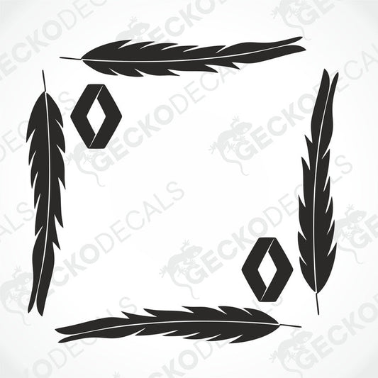 A set of black feather-shaped decals and Renault logo decals on a white background, intended for use on vehicle side windows.