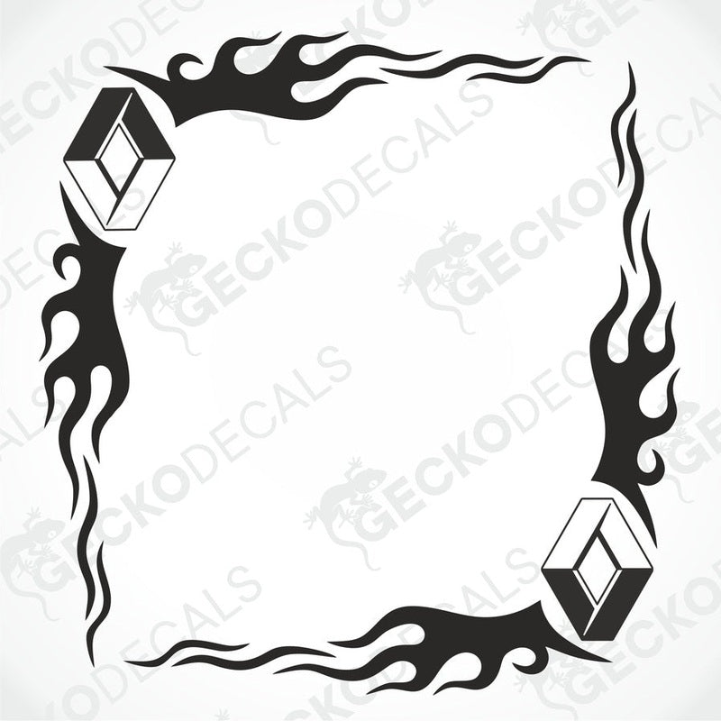 A black flame-shaped die cut decal for a Renault vehicle, designed for side window placement, delivered on transfer paper.