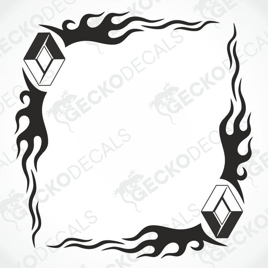 A black flame-shaped die cut decal for a Renault vehicle, designed for side window placement, delivered on transfer paper.