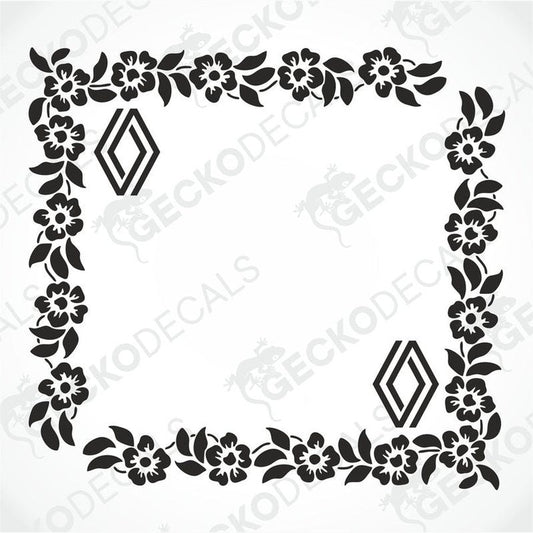 A die cut black and white floral pattern decal for Renault vehicles, designed for side window placement.