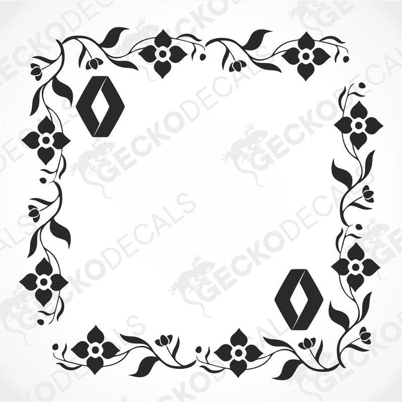 A die cut black and white floral pattern decal for Renault vehicles, designed for side window placement.