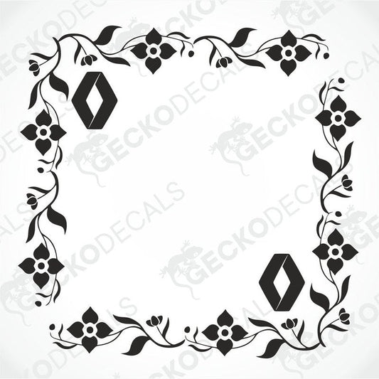 A die cut black and white floral pattern decal for Renault vehicles, designed for side window placement.