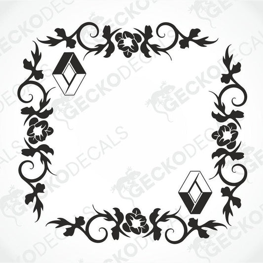 A black and white image of a die cut sticker with a floral pattern designed for use as a side window decal for a Renault vehicle.