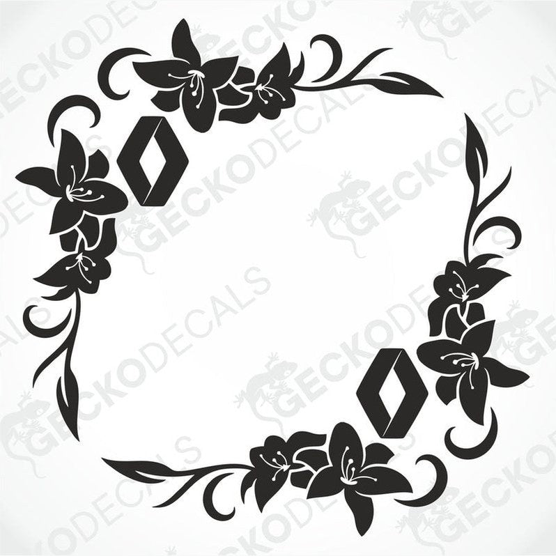 A black and white image of a die cut floral side window decal for a Renault vehicle. The decal features a floral design with leaves and geometric shapes.