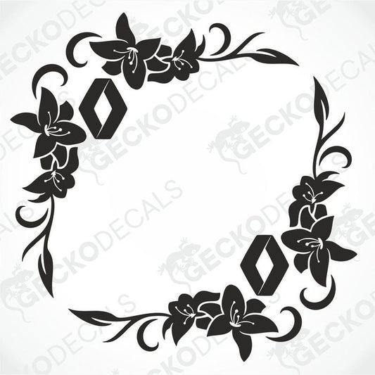 A black and white image of a die cut floral side window decal for a Renault vehicle. The decal features a floral design with leaves and geometric shapes.