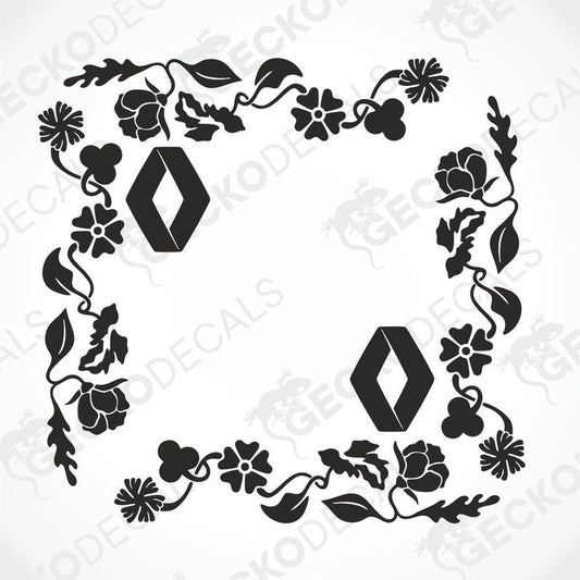 A black and white image of a die-cut floral pattern decal for Renault vehicles, showing a set of two side window designs with floral motifs and the Renault logo.