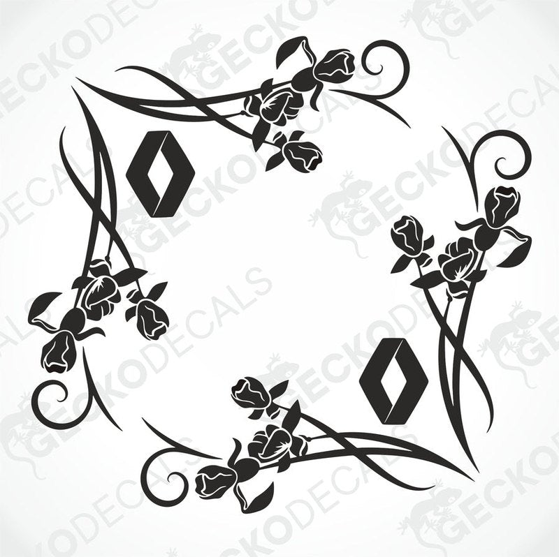 A set of two black floral design die cut decals for Renault vehicles, intended for use on side windows.