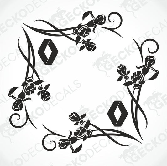 A set of two black floral design die cut decals for Renault vehicles, intended for use on side windows.