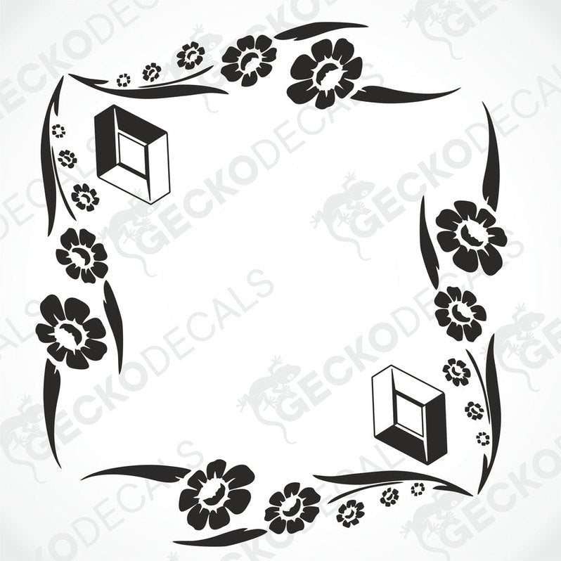 A black and white image of a die cut floral side window decal for a Renault vehicle. The design includes various floral patterns and decorative elements.