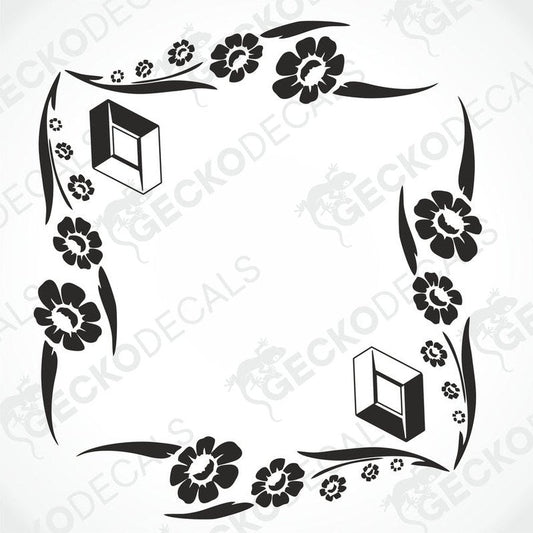 A black and white image of a die cut floral side window decal for a Renault vehicle. The design includes various floral patterns and decorative elements.