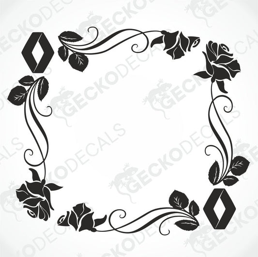 A black and white image of a die cut floral side window decal, featuring roses and decorative elements, intended for use on a vehicle.