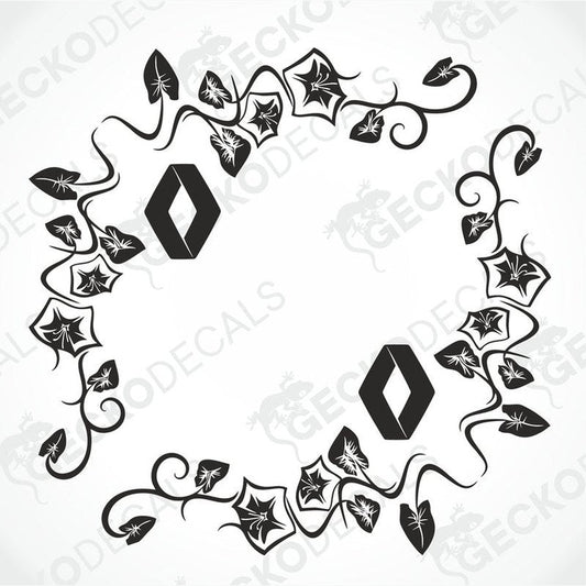 A die cut decal with a floral pattern designed for use on the side windows of RENAULT vehicles.