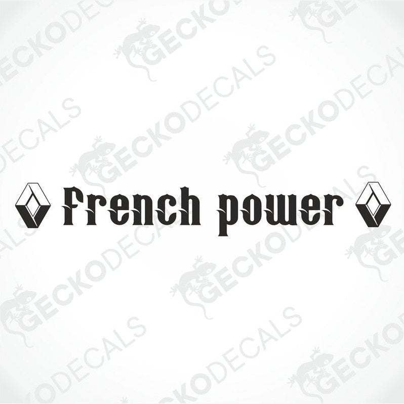 A die cut decal with the text 'French power' displayed on the upper part of a Renault truck's windscreen.