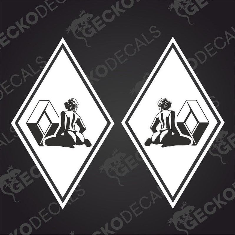 Two white diamond-shaped vehicle decals featuring a stylized female figure on each, with the text 'RENAULT GIRL' above the figure.