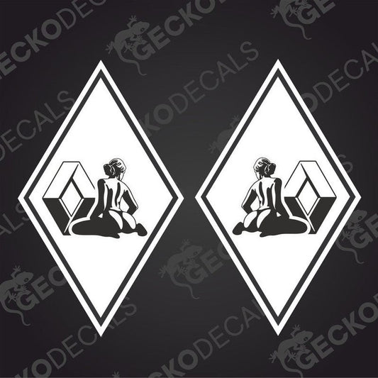 Two white diamond-shaped vehicle decals featuring a stylized female figure on each, with the text 'RENAULT GIRL' above the figure.