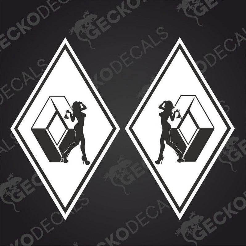 Two white diamond-shaped vehicle decals featuring a stylized female figure on each, with the text 'RENAULT GIRL' above the figure.
