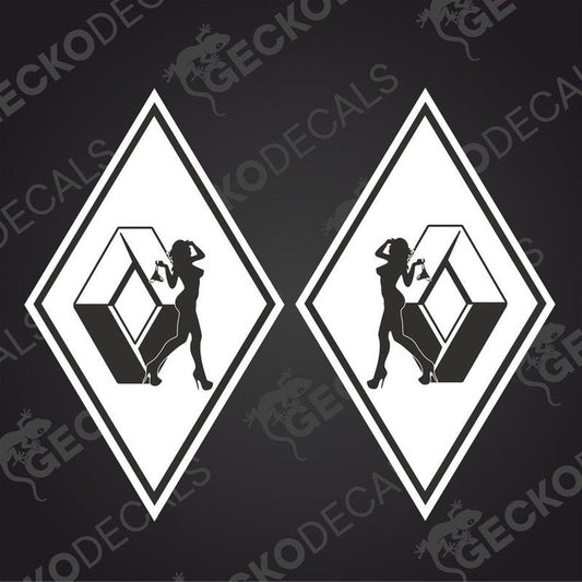 Two white diamond-shaped vehicle decals featuring a stylized female figure on each, with the text 'RENAULT GIRL' above the figure.
